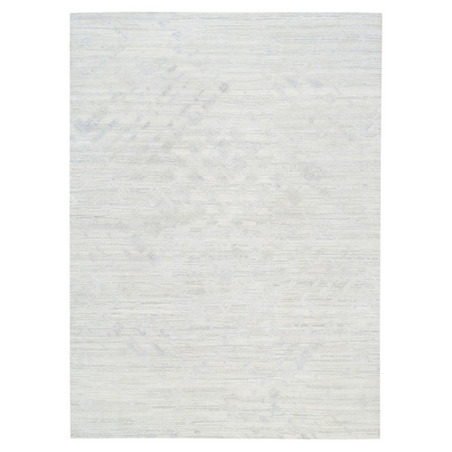 Hand Spun Undyed Natural Wool Modern Hand Knotted Light Gray Cut And Loop Pile Oriental Rug