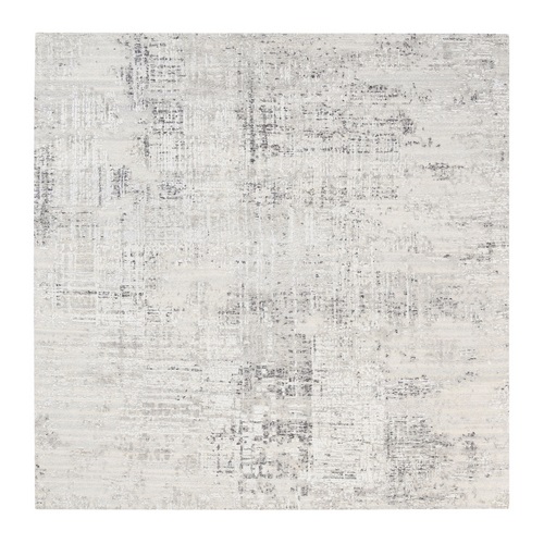 Modern Hand Spun Undyed Natural Wool Cut And Loop Pile Hand Knotted Light Gray Oriental Square Rug