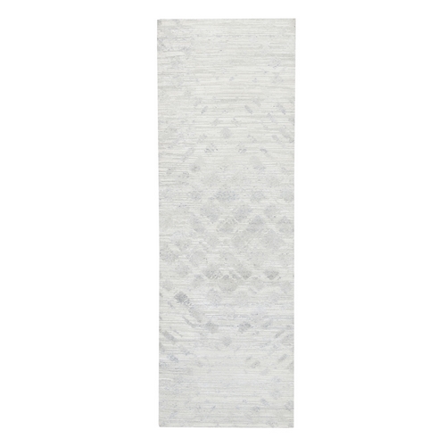 Modern Hand Spun Undyed Natural Wool Cut And Loop Pile Hand Knotted Ivory with Gray Oriental Wide Runner 