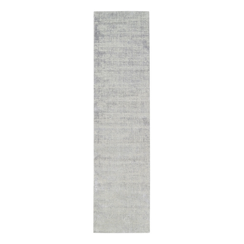 Modern Wool and Art Silk Fine Jacquard Gray Hand Loomed Runner Oriental 