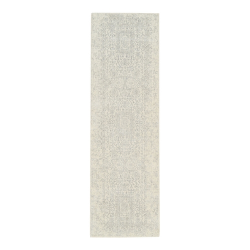 Beige Wool and Plant Based Silk Hand Loomed Fine Jacquard with Erased Design Oriental Runner Rug
