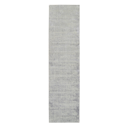 Fine Jacquard Gray Hand Loomed Modern Wool and Art Silk Runner Oriental Rug