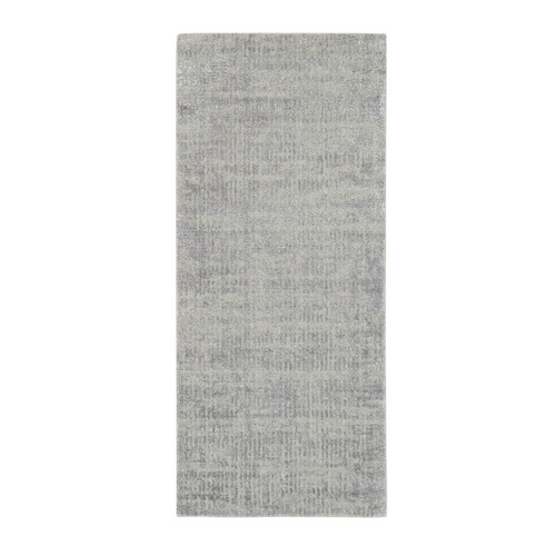Hand-Loomed Gray Fine Jacquard Modern Wool and Silk Oriental Runner Rug