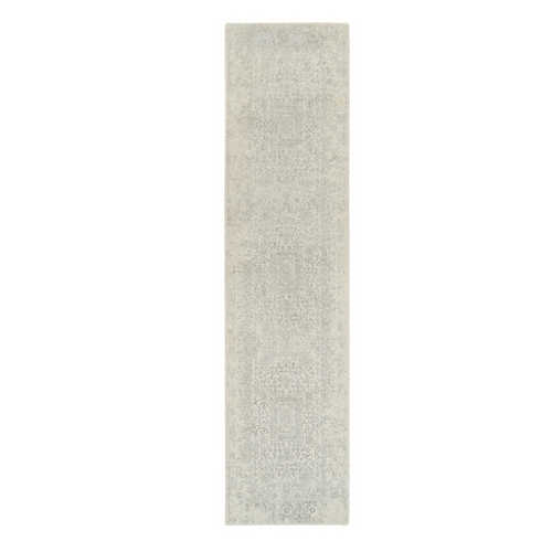 Beige Hand Loomed, Wool and Plant Based Silk Fine Jacquard with Erased Design, Oriental Runner Rug