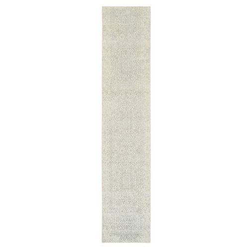Beige Wool and Plant Based Silk Hand Loomed Fine Jacquard with Erased Design Oriental Runner 