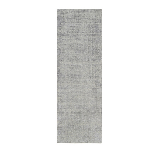 Extra Soft Gray Fine Jacquard Hand-Loomed Modern Wool and Silk Oriental Runner Rug