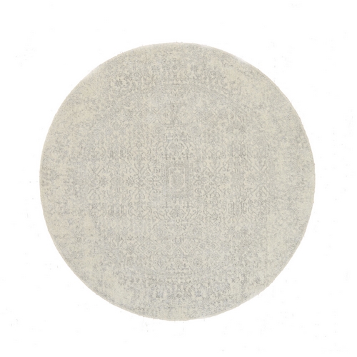 Beige Fine Jacquard Hand Loomed Erased Design Wool and Plant Based Silk Oriental Round 
