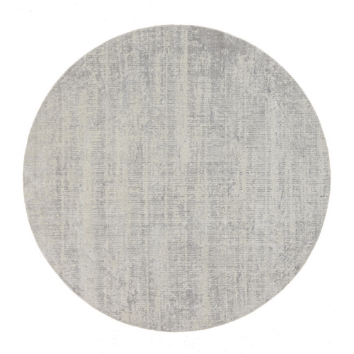 Gray Fine Jacquard Wool and Plant Based Silk Tone on Tone Hand Loomed Oriental Round Rug