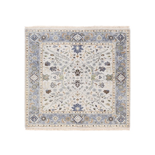 Hand Knotted Light Gray Denser Weave Oushak Large Motifs Pure Wool Oriental Square Rug