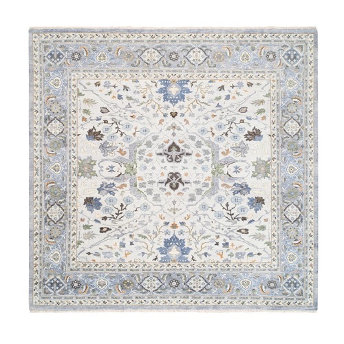 Hand Knotted Light Gray Denser Weave Oushak Floral Motifs Organic Wool Oriental Square Rug