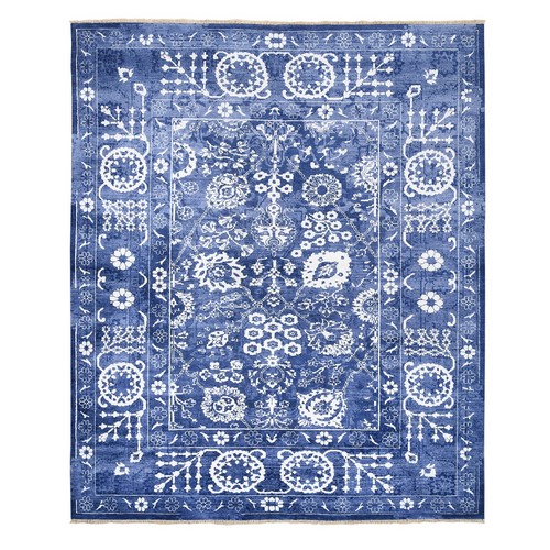 Faded Denim Blue Wool and Silk Hand Knotted Tone On Tone Tabriz Oriental Rug