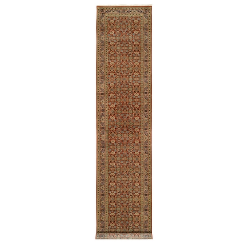 Herati All Over Fish Design Wool and Silk 250 KPSI Dense Weave Hand Knotted Rust Red Oriental XL Runner Rug
