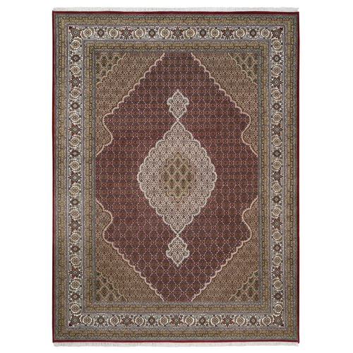 Red Tabriz Mahi with Fish Medallion Design Wool and Silk Hand Knotted Oriental Rug
