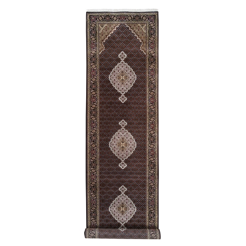 Hand Knotted Wool and Silk Black Tabriz Mahi with Fish Medallions Design Oriental Wide XL Runner Rug