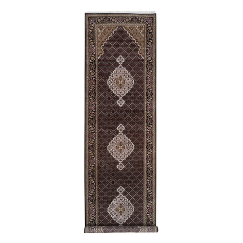 Wool and Silk Black Tabriz Mahi with Fish Medallions Design Hand Knotted Oriental Wide XL Runner Rug