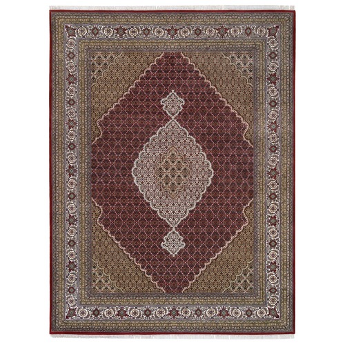 Hand Knotted Red Tabriz Mahi with Fish Medallion Design Wool and Silk Oriental Rug