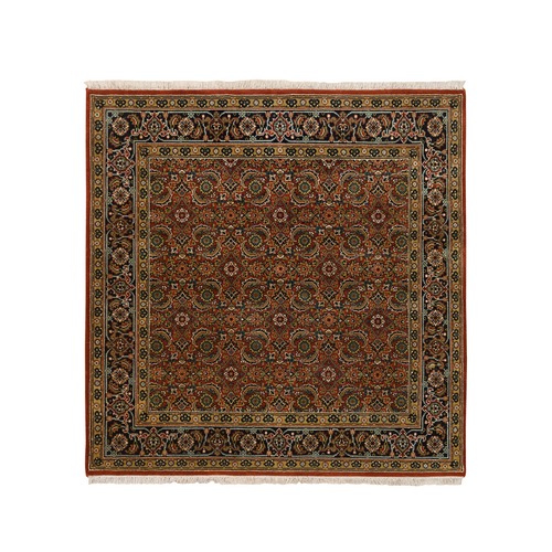 Hand Knotted Herati Fish Design Dense Weave 175 KPSI Extra Soft Wool and Silk Red Square Oriental Rug