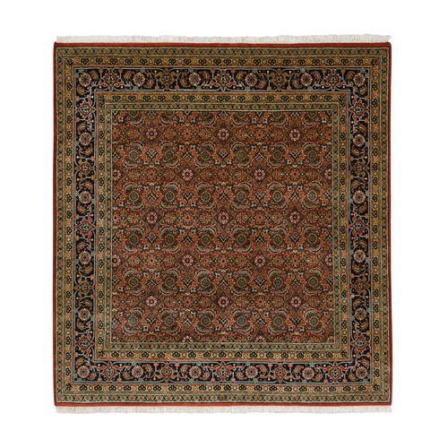 Dense Weave Hand Knotted Herati Fish Design Square 175 KPSI Extra Soft Wool Red Oriental Rug