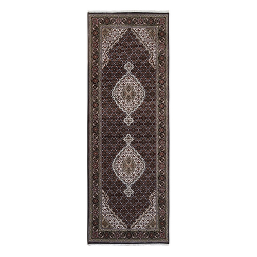 Wool Black Tabriz Mahi with Fish Medallions Design Hand Knotted Wide Runner Oriental Rug
