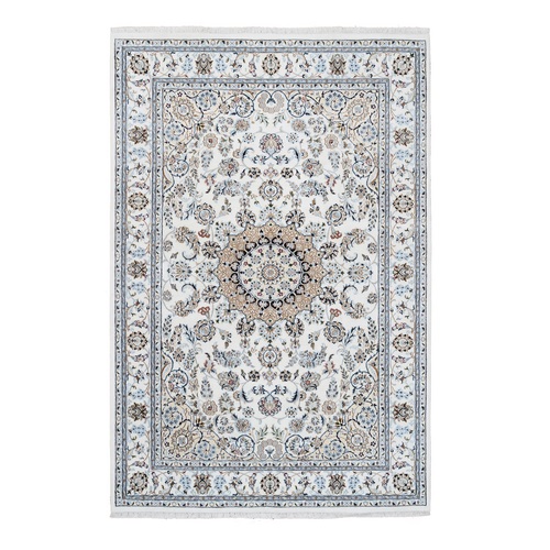 Ivory Nain with a Dahlia Medallion Design Wool and Silk 250 KPSI Hand Knotted Fine Oriental Rug