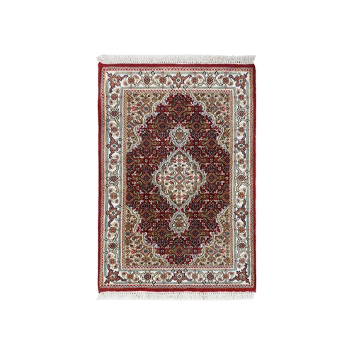 Tabriz Mahi with Fish Medallions Design Wool and Silk Hand Knotted Red Oriental Rug