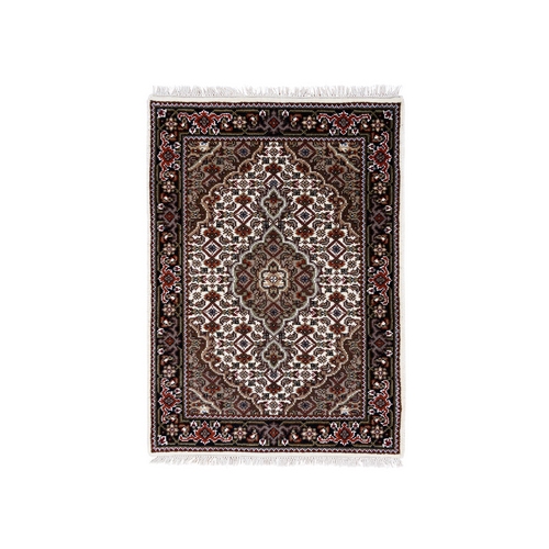 Ivory Tabriz Mahi with Fish Medallion Design Wool Hand Knotted Mat Oriental 