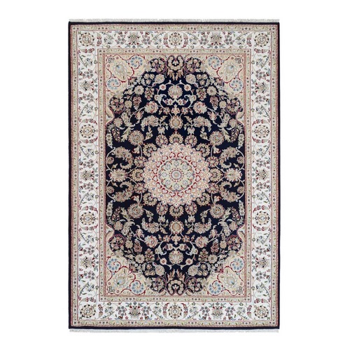 250 KPSI Wool and Silk Hand Knotted Midnight Blue Nain with Medallion and Flower Design Oriental Rug