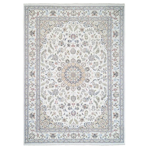 Hand Knotted Ivory Nain with Medallion and Flower Design 250 KPSI Wool and Silk Oriental Rug