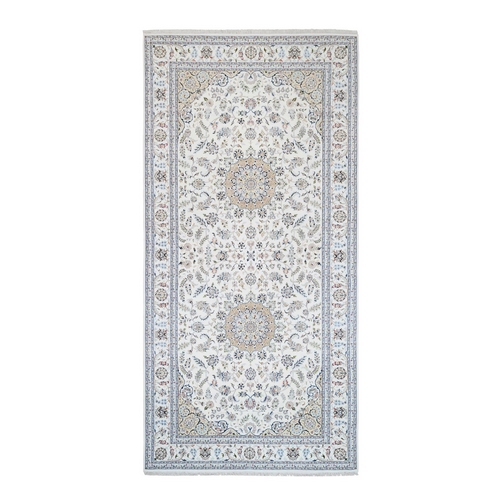 Ivory Nain with Medallion and Flower Design 250 KPSI Wool and Silk Hand Knotted Oriental Wide Gallery Size Runner 