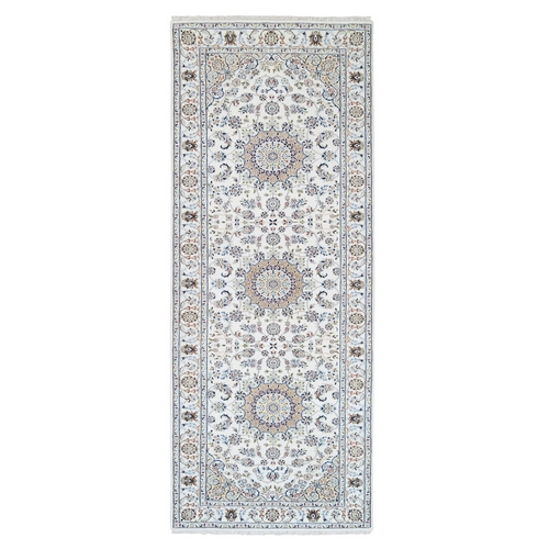 Ivory Nain with Medallion and Flower Design 250 KPSI Wool and Silk Hand Knotted Oriental Wide Runner 