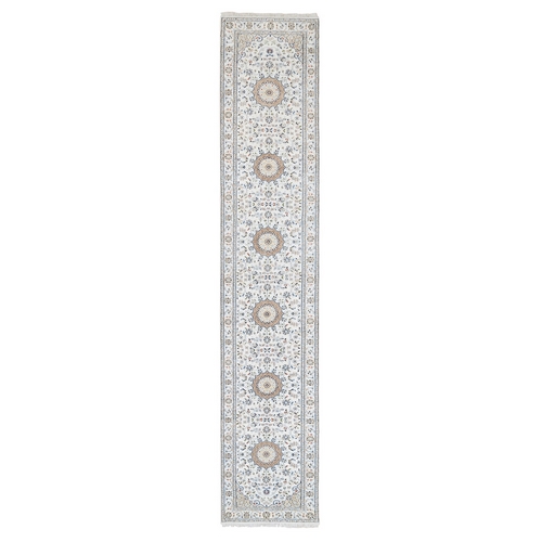 Hand Knotted Ivory Nain with Center Medallion Flower Design 250 KPSI Wool Oriental Runner 