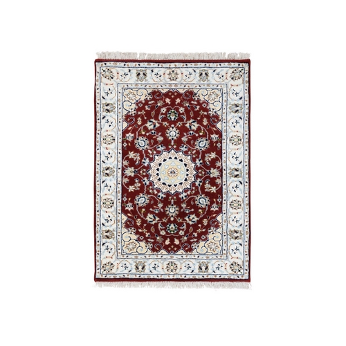 250 KPSI Wool Hand Knotted Cherry Red Nain with Center Medallion Flower Design Oriental Mat 