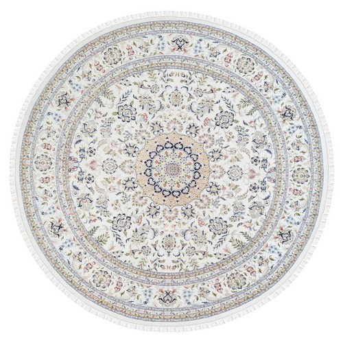 Hand Knotted Ivory Nain with Medallion and Flower Design 250 KPSI Wool and Silk Oriental Round Rug