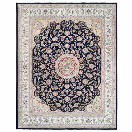 Hand Knotted Midnight Blue Nain with Center Medallion Flower Design 250 KPSI Wool Oriental Oversized Rug