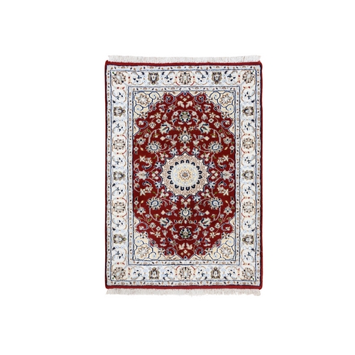 Nain with Center Medallion Flower Design 250 KPSI Wool Hand Knotted Cherry Red Oriental Mat 