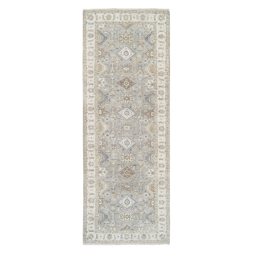 Karajeh and Geometric Design Organic Wool Hand Knotted Frost Gray Oriental Runner Rug