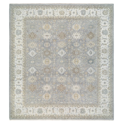 Organic Wool Karajeh and Geometric Design Frost Gray Hand Knotted Oriental Oversized Squarish 