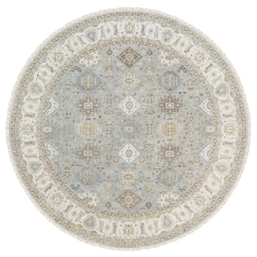 Frost Gray Karajeh and Geometric Design Organic Wool Hand Knotted Oriental Round 