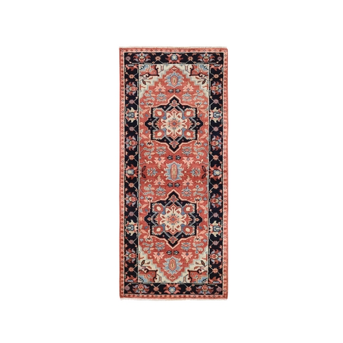 Brick Red Hand Knotted Soft Wool Heriz Revival with Double Large Medallion Design Oriental Runner 
