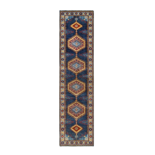 Persian Viss Design Soft Wool Hand Knotted Navy Blue Oriental Runner Rug