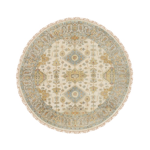 Hand Knotted Ivory with Soft Colors Karajeh Design Soft Pure Wool Oriental Round 
