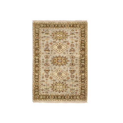 Karajeh Design with Tribal Medallions Hand Knotted Pure Wool Beige Oriental Rug