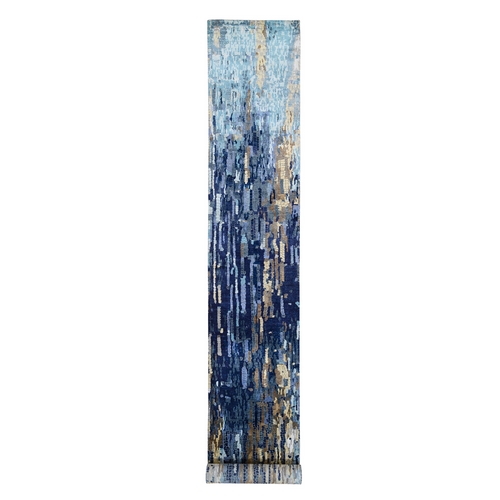 Blue With A Mix Of Gold Mosaic Design Wool and Silk Hand Knotted Oriental XL Runner 
