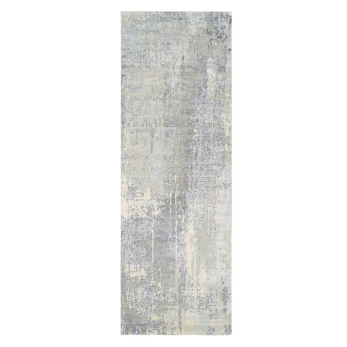 Hand Knotted Abstract with Mosaic Design Gray Wool and Silk Oriental Runner 