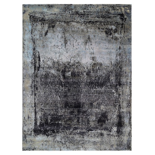 Black and Gray Wool and Silk Hi-Low Pile Modern Hand Knotted Painter's Palette Oriental 
