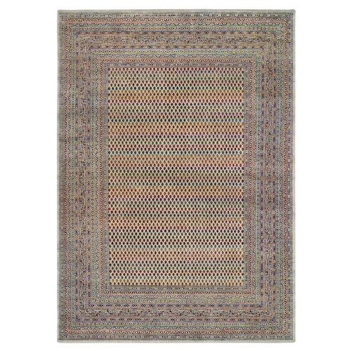 Hand Knotted Beige Sarouk Mir Inspired With Repetitive Boteh Design Colorful Wool And Sari Silk Oriental Rug