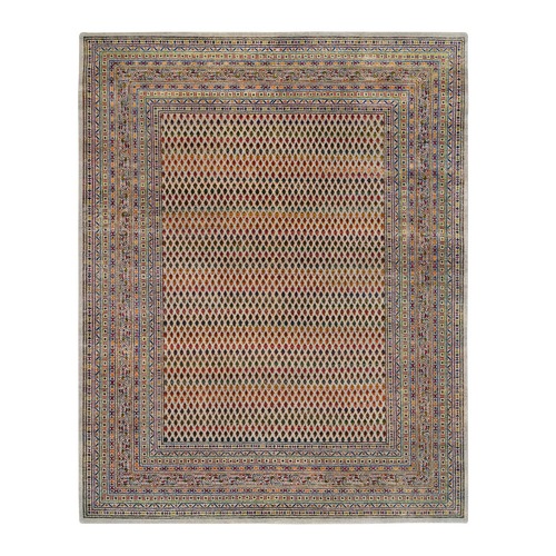 Beige Sarouk Mir Inspired With Repetitive Boteh Design Colorful Wool And Sari Silk Hand Knotted Oriental Rug