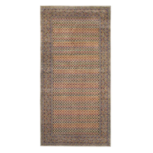 Sarouk Mir Inspired With Repetitive Boteh Design Colorful Wool And Sari Silk Hand Knotted Beige Wide Gallery Size Runner Oriental Rug