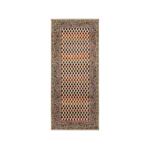 Colorful Wool And Sari Silk Hand Knotted Beige Sarouk Mir Inspired With Repetitive Boteh Design Oriental Runner Rug