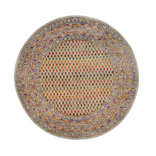 Colorful Wool And Sari Silk Hand Knotted Beige Sarouk Mir Inspired With Repetitive Boteh Design Oriental Round Rug